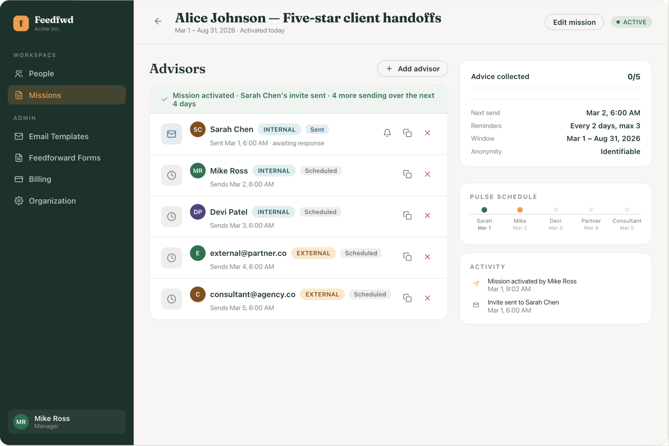 Adding advisors to a mission